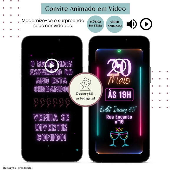 Convite Baile Funk Neon em Vídeo Animado com Música Digital