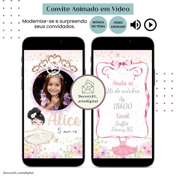 Convite Bailarina Balé em Vídeo Animado com Música Digital