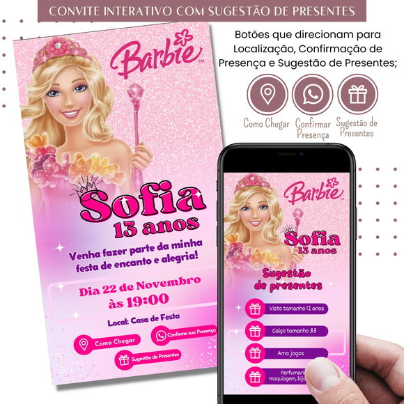 Convite Barbie Digital Interativo Sugestão de Presente