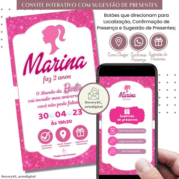 Convite Barbie Digital Interativo Sugestão de Presente