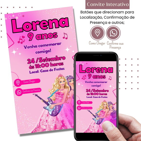 Convite Barbie e a Pop Star Digital Interativo Virtual