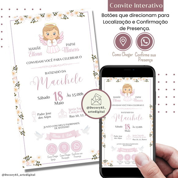 Convite Batizado Batismo Menina Digital Virtual Interativo
