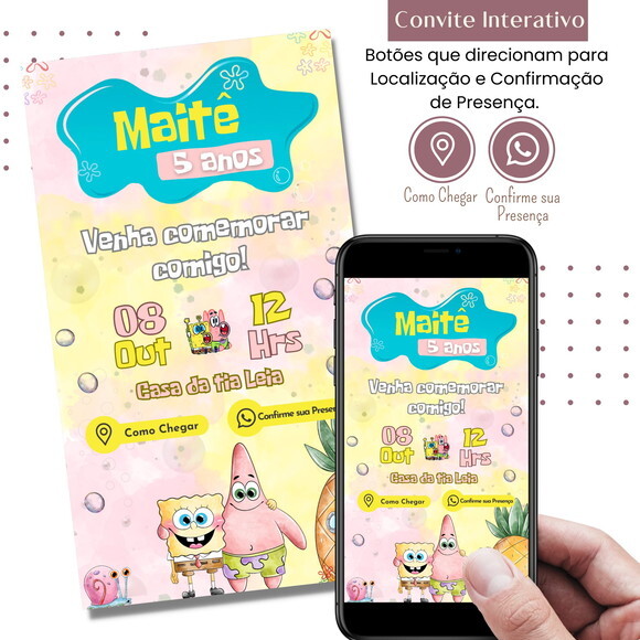 Convite Bob Esponja Digital Interativo Virtual
