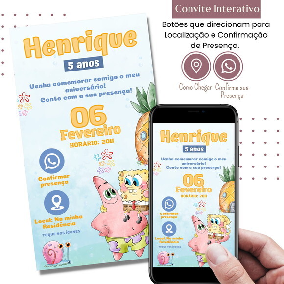 Convite Bob Esponja Digital Interativo Virtual