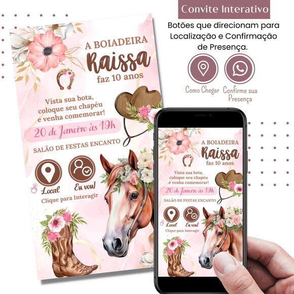 Convite Boiadeira Cowgirl Country Digital Virtual Interativo