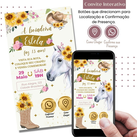 Convite Boiadeira Cowgirl Country Digital Virtual Interativo