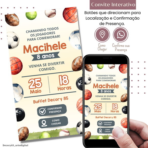 Convite Bolas Esportivas Digital Interativo Virtual