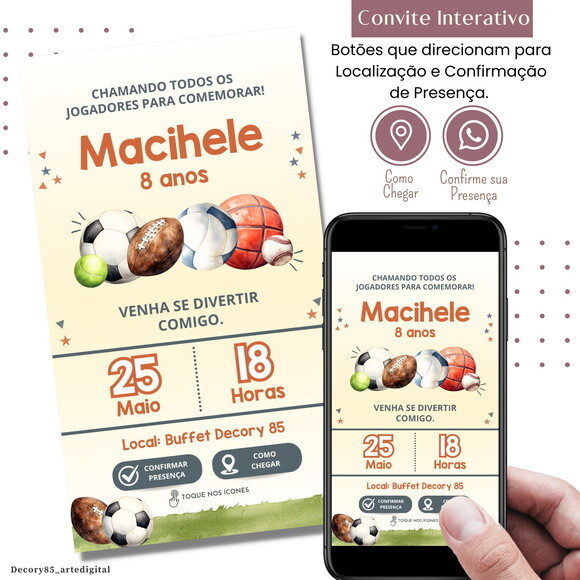 Convite Bolas Esportivas Digital Interativo Virtual