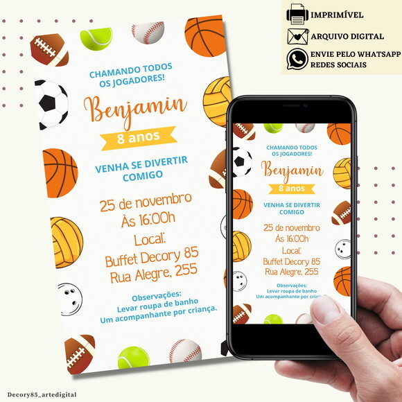 Convite Bolas Esportivas Digital Virtual Aniversário