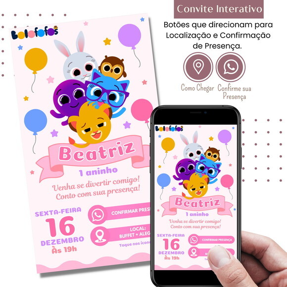 Convite Bolofofos Rosa Digital Interativo Virtual