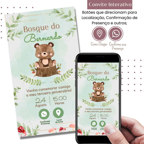 Convite Bosque Ursinho Digital Interativo Virtual