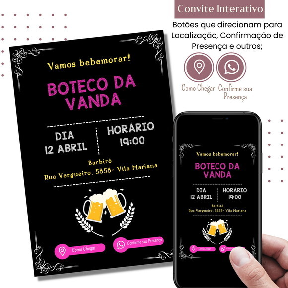 Convite Boteco Rosa Churrasco Digital Interativo Virtual