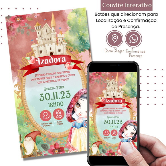 Convite Branca de Neve Aquarela Digital Interativo Virtual