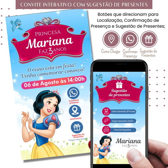 Convite Branca de Neve Virtual Digital Sugestão de Presente