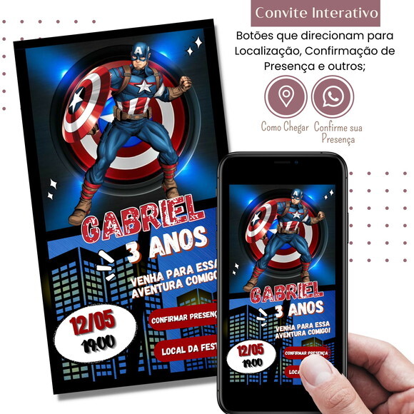 Convite Capitão América Vingadores Interativo Digital