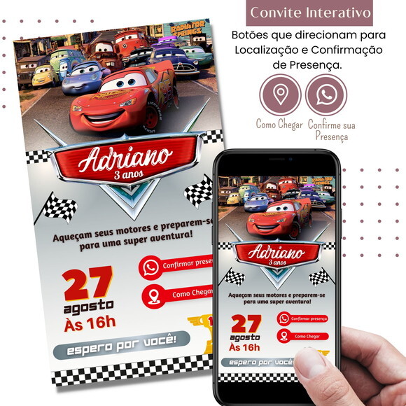 Convite Carros Digital Interativo Virtual Mcqueen Mater