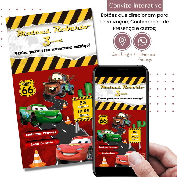 Convite Carros Digital Interativo Virtual Mcqueen Mater
