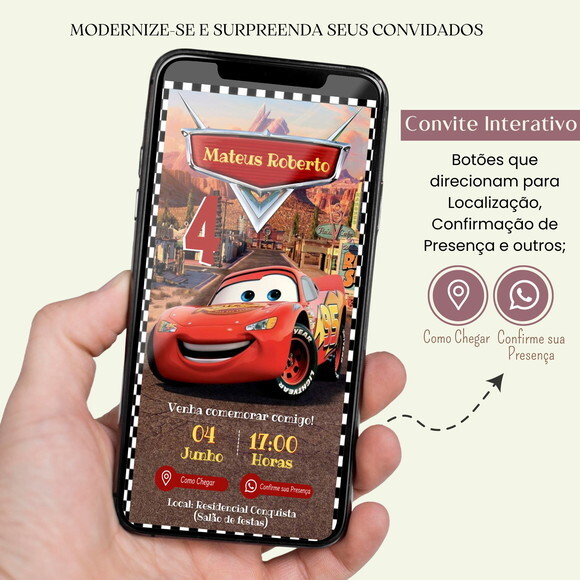 Convite Carros Digital Interativo Virtual Aniversário Menino