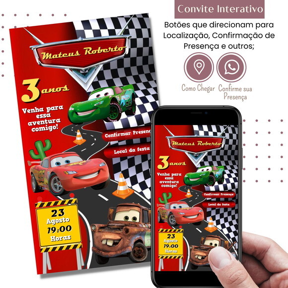 Convite Carros Digital Interativo Virtual Mcqueen Mater