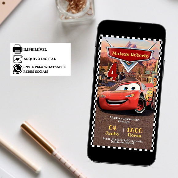 Convite Carros Digital Virtual Aniversário Menino