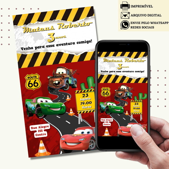 Convite Carros Digital Virtual Mcqueen Mater