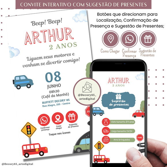 Convite Carros Interativo Sugestão de Presente
