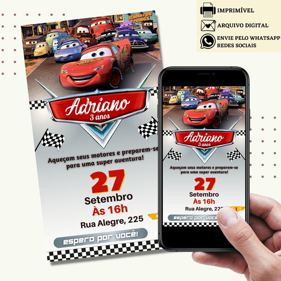 Convite Carros Digital Virtual Mcqueen Mater