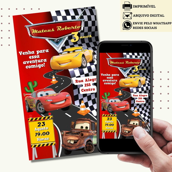 Convite Carros Digital Virtual Mcqueen Mater Ramirez