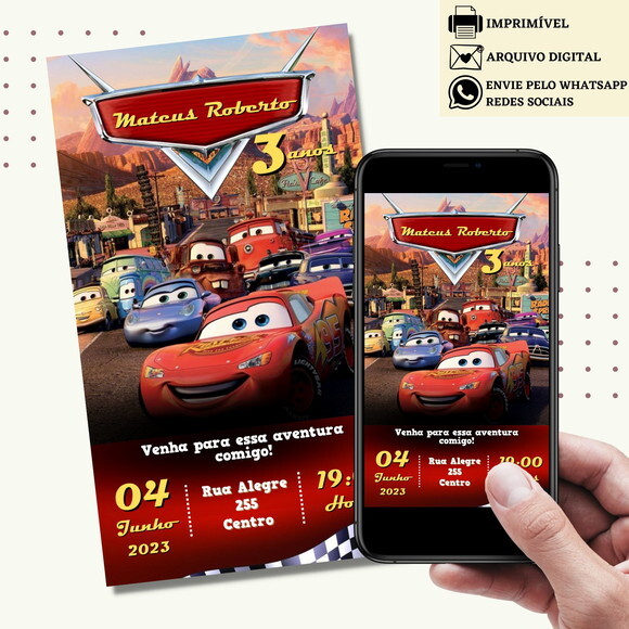 Convite Carros Digital Virtual Mcqueen
