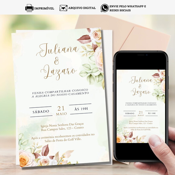 Convite Casamento Arte Digital para Imprimir Floral Flores