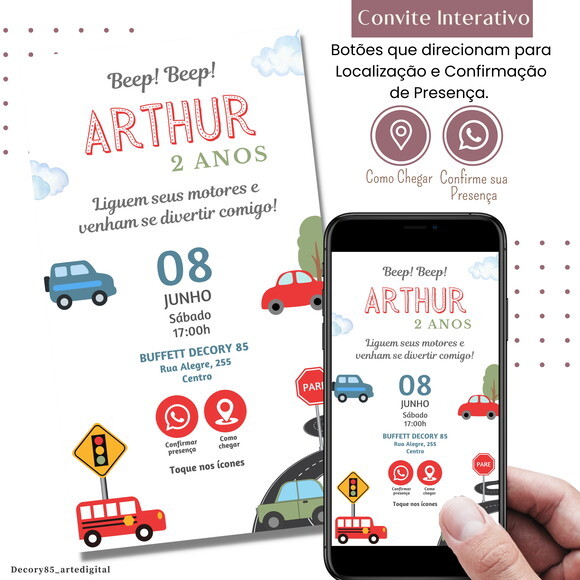 Convite Carros Meios de Transporte Digital Interativo