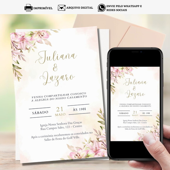 Convite Casamento Arte Digital para Imprimir Floral Flores