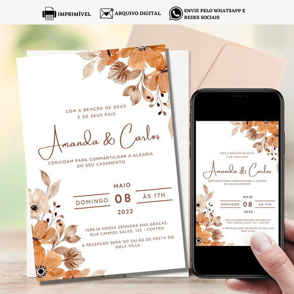 Convite Casamento Arte Digital para Imprimir Floral Flores