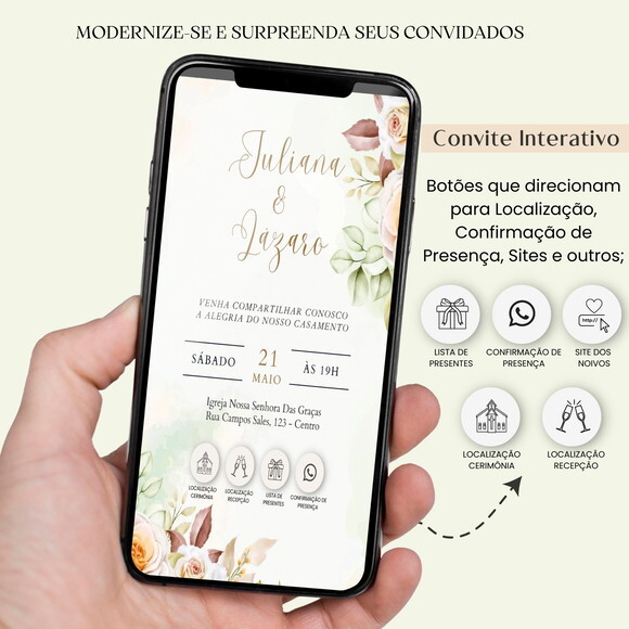 Convite Casamento Digital Interativo Virtual Floral Links