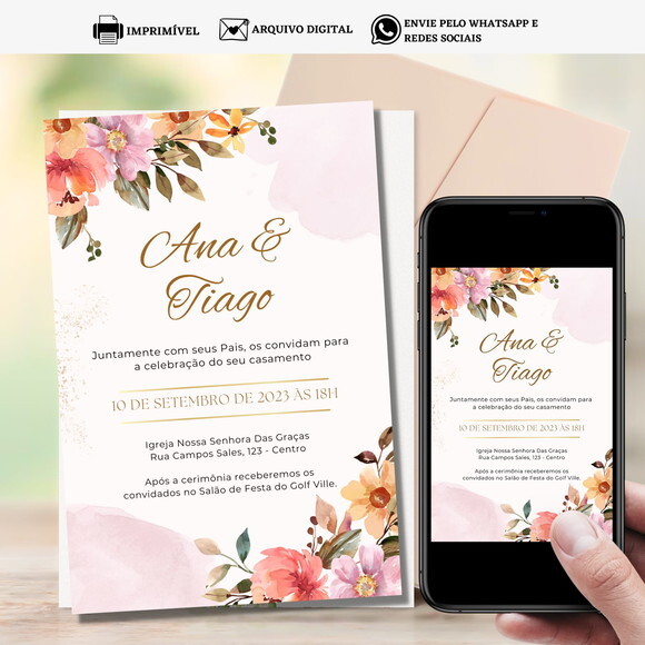 Convite Casamento Arte Digital para Imprimir Floral Flores