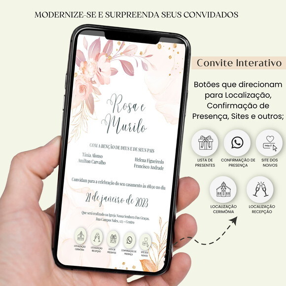 Convite Casamento Digital Interativo Virtual Floral Links