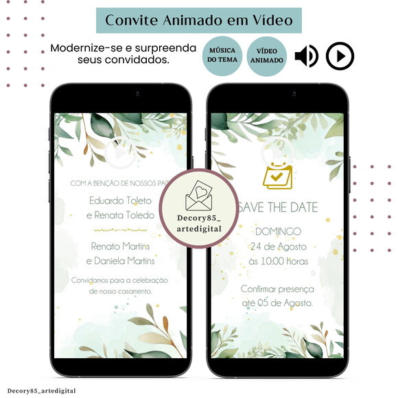 Convite Casamento em Vídeo Animado com Música Digital