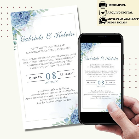 Convite Casamento Flores Azul Digital Virtual