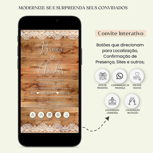 Convite Casamento Digital Interativo Virtual Rústico Links