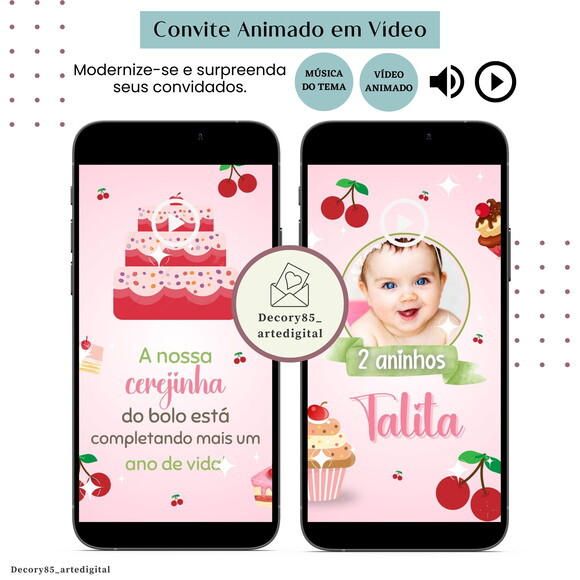 Convite Cereja Cerejinha em Vídeo Animado com Música Digital