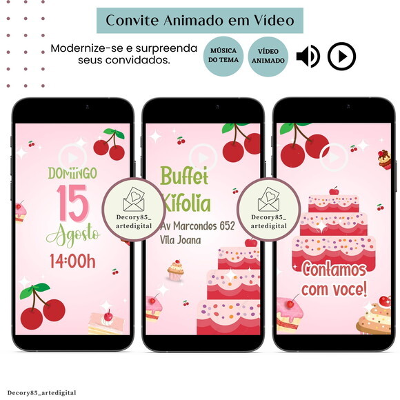 Convite Cereja Cerejinha em Vídeo Animado com Música Digital