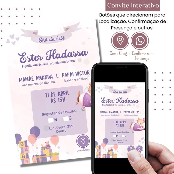 Convite Chá Bebê Chá de Fraldas Digital Interativo Virtual