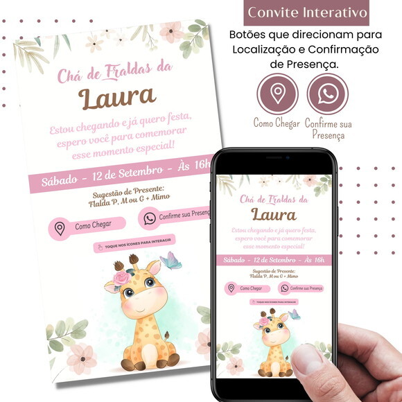 Convite Chá Bebê Chá de Fraldas Girafinha Digital Interativo