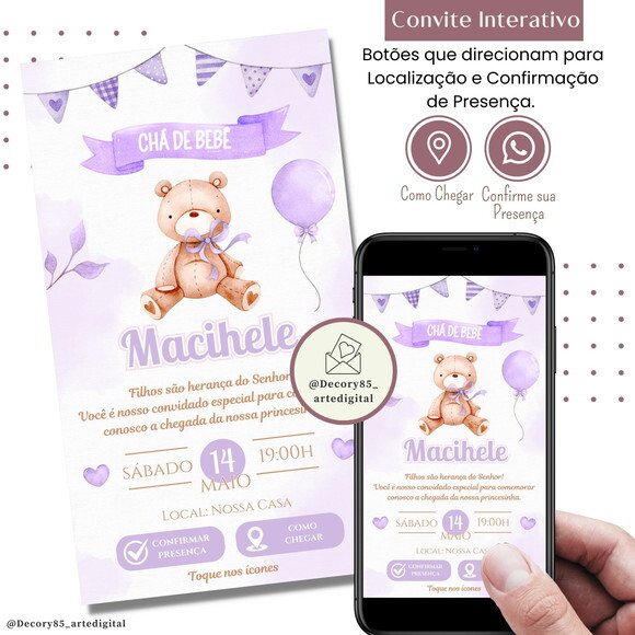 Convite Chá Bebê Chá de Fraldas Digital Interativo Virtual