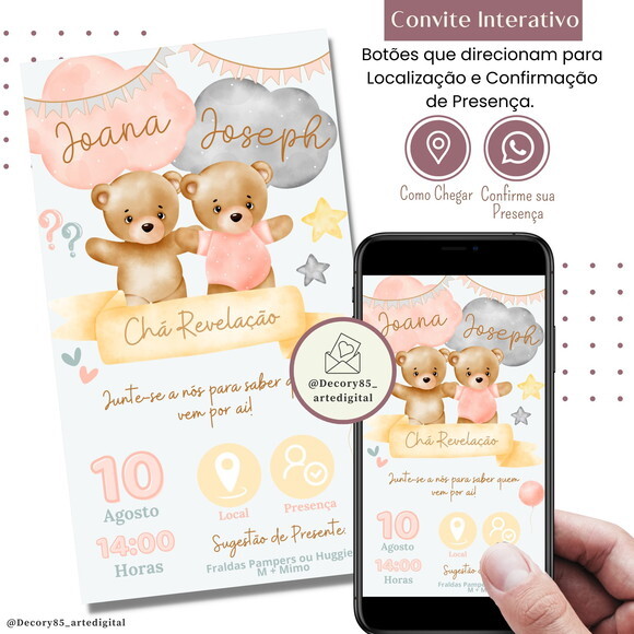 Convite Chá Bebê Chá Revelação Digital Interativo Virtual