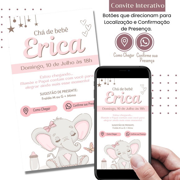 Convite Chá Bebê Fraldas Elefantinho Rosa Digital Interativo