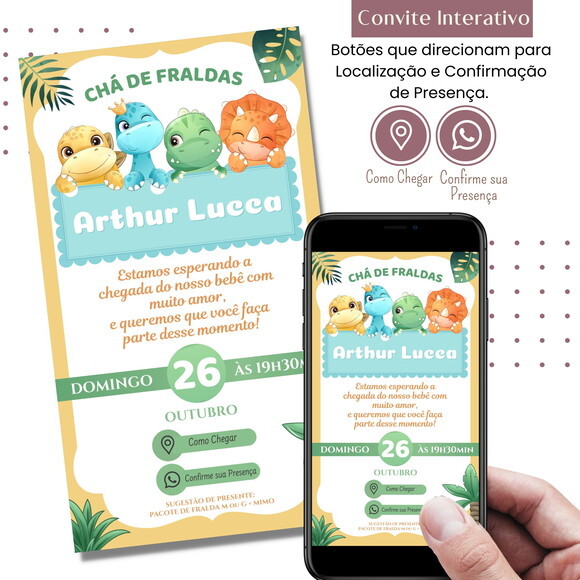 Convite Chá Bebê Fraldas Dino Baby Digital Interativo