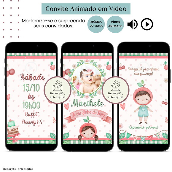 Convite Cereja Cerejinha em Vídeo Animado com Música Digital
