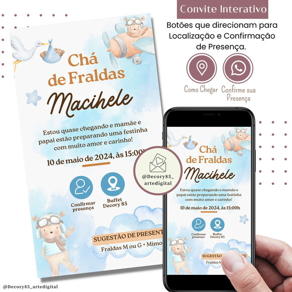 Convite Chá Bebê Fraldas Urso Aviador Digital Interativo