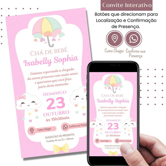 Convite Chá Bebê Fraldas Nuvem de Amor Digital Interativo